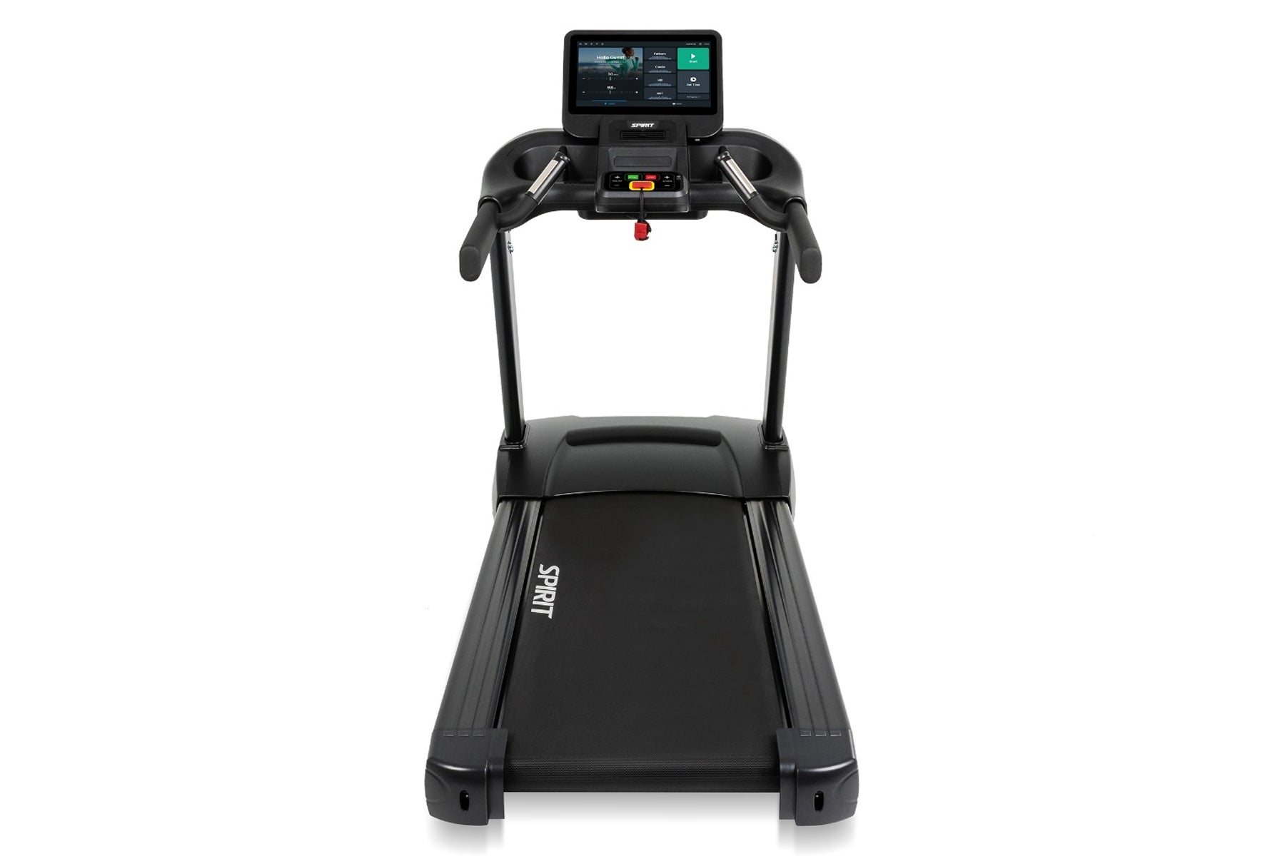 Black Spirit treadmill with touchscreen display console, black handles, and running belt on white background, front view