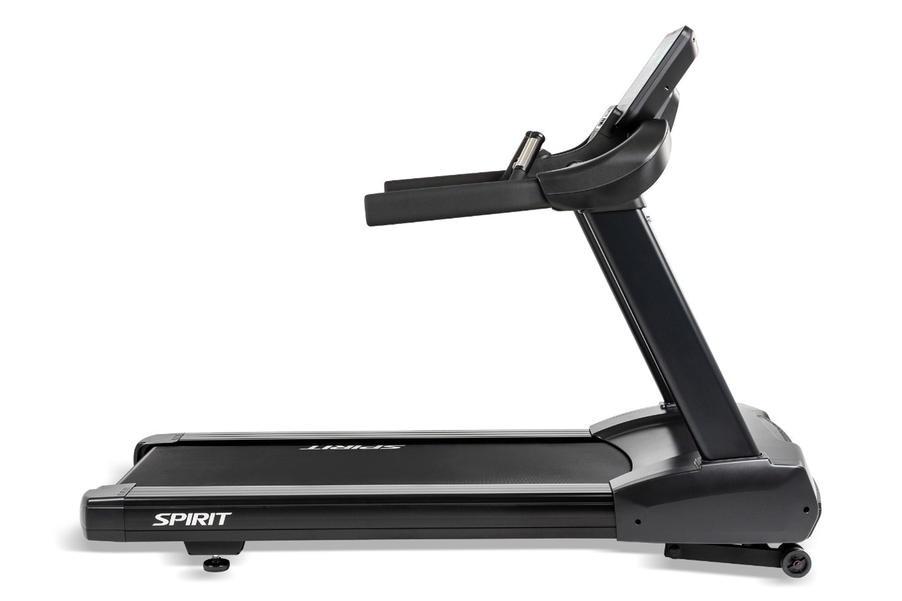 Spirit CT800ENT black treadmill with curved running deck, digital console, and adjustable handrails on white background