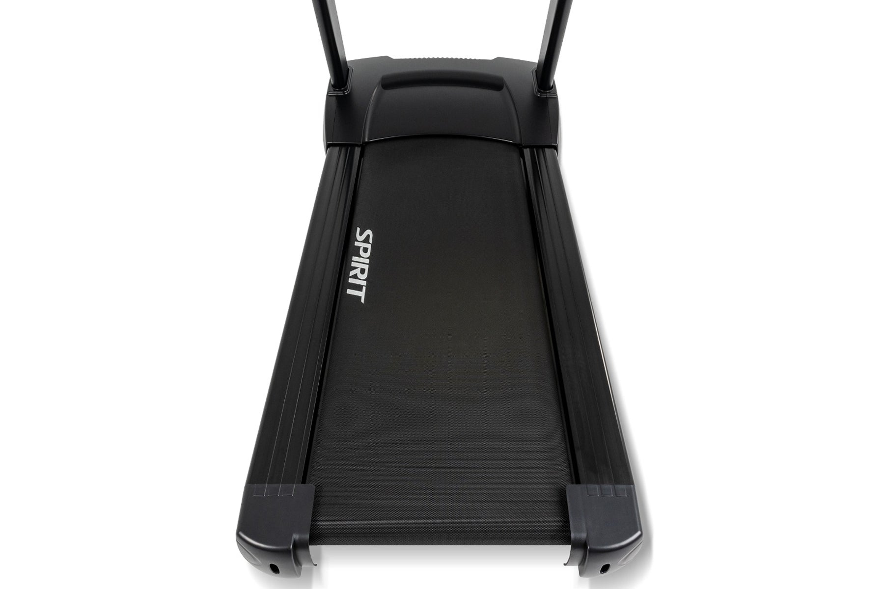 Black Spirit CT800ENT treadmill with dual handrails and textured running belt on white background, overhead view