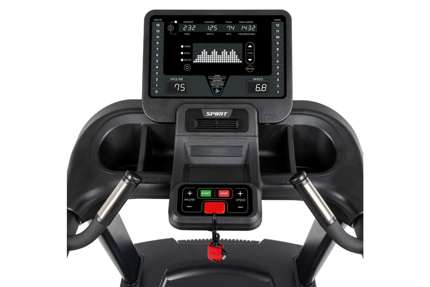 Spirit CT850 treadmill with black frame, digital display console showing workout metrics, dual cushioned footrests, and red s