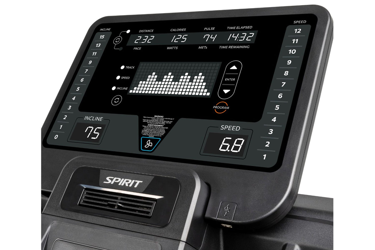 Spirit CT850 Treadmill console displaying digital metrics including distance, calories, pulse, time elapsed, and speed on bla