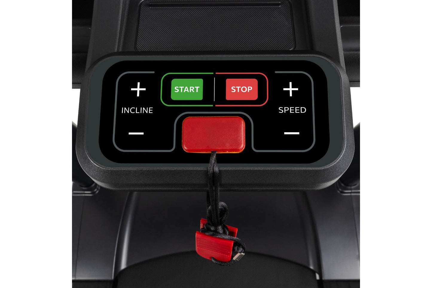 Black treadmill console with illuminated control panel featuring green Start button, red Stop button, plus and minus buttons 
