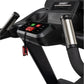 Spirit CT850 treadmill console with black frame, stainless steel handles, and illuminated control buttons in green and red, o
