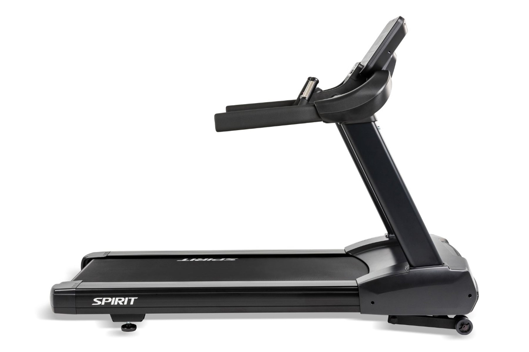 Spirit CT850 black treadmill with digital console and curved running belt, on white background