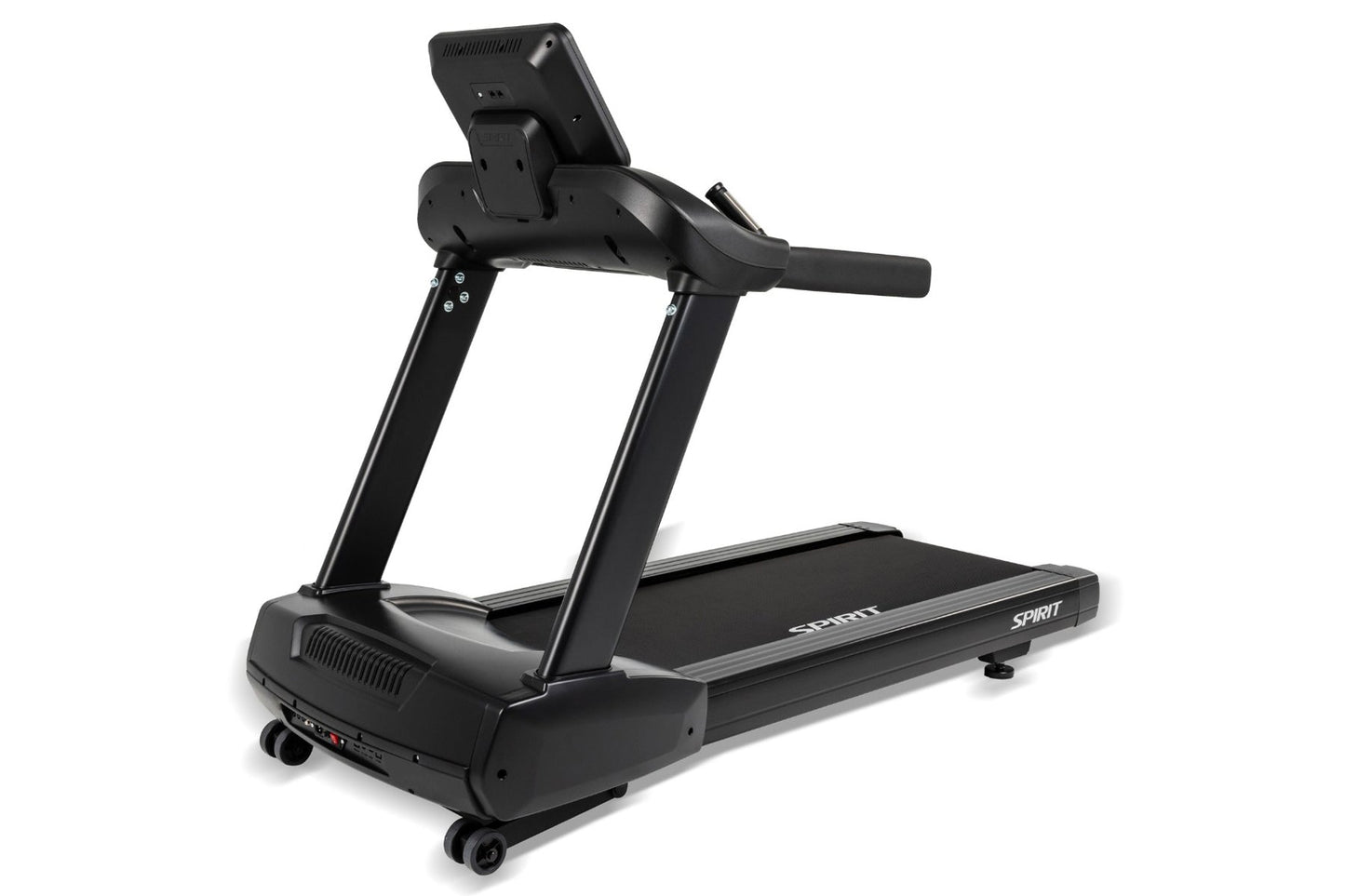 Spirit CT850 black commercial treadmill with digital console, wide running deck, and dual uprights on white background
