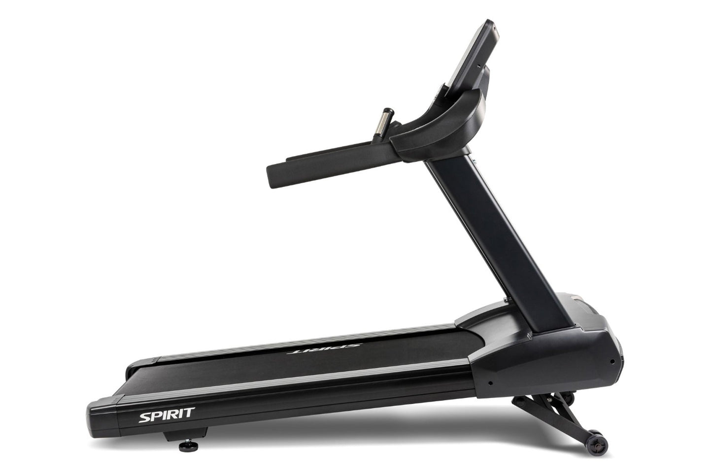 Black Spirit CT850 treadmill with digital display console, handrails, and running belt on white background