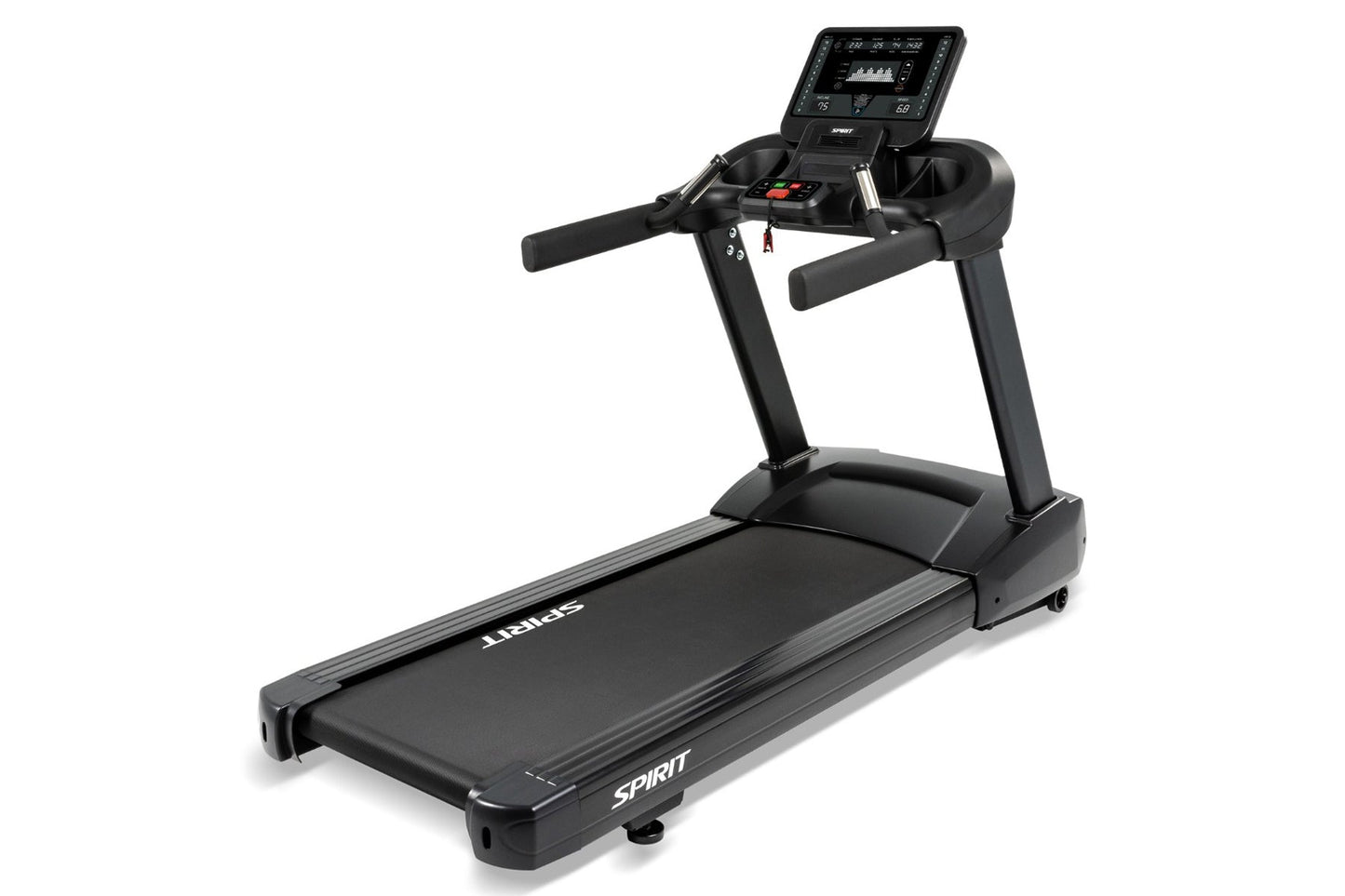 Black Spirit CT850 treadmill with digital console display, dual foam handlebars, and running deck on white background
