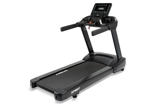 Black Spirit CT850 treadmill with digital console display, dual foam handlebars, and running deck on white background