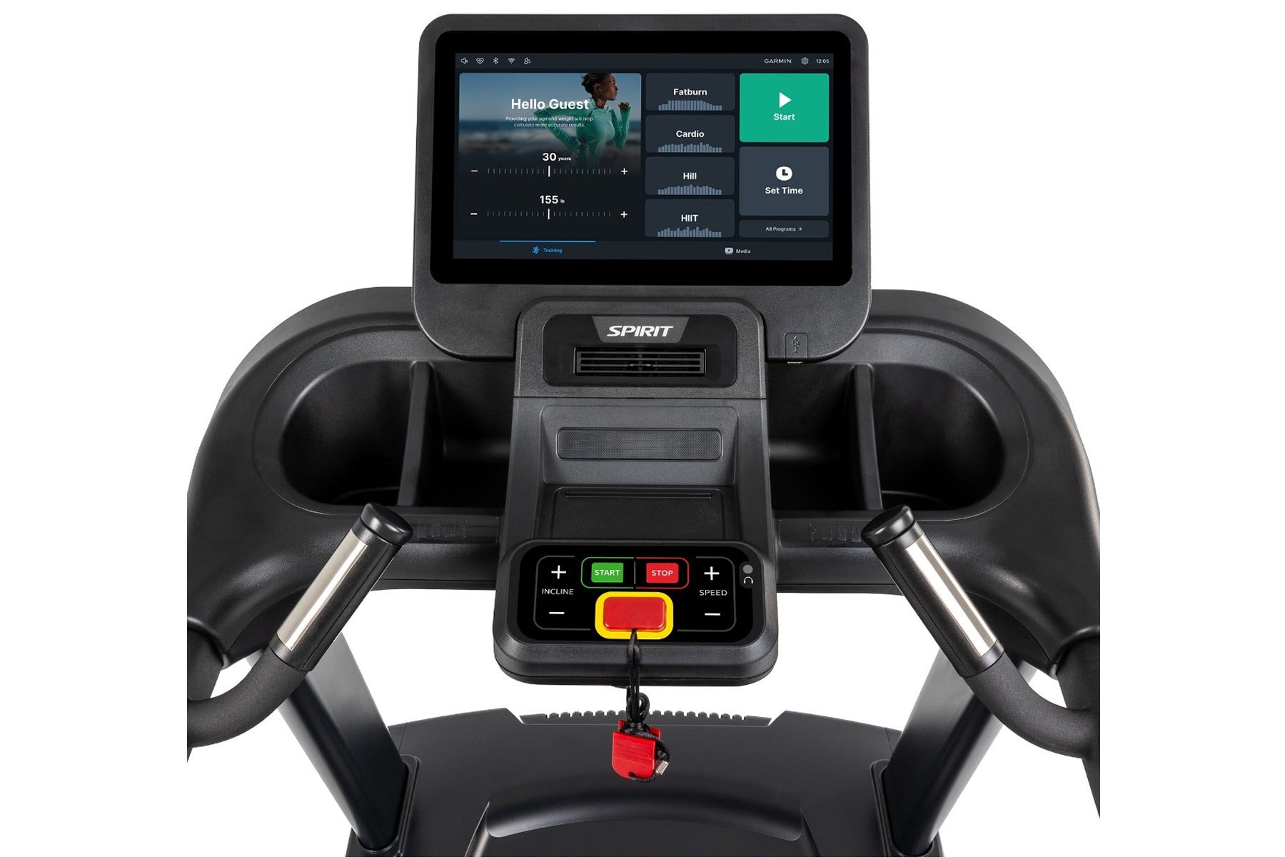 Spirit CT850ENT treadmill with black frame, dual chrome handles, touchscreen display showing workout interface with Start but