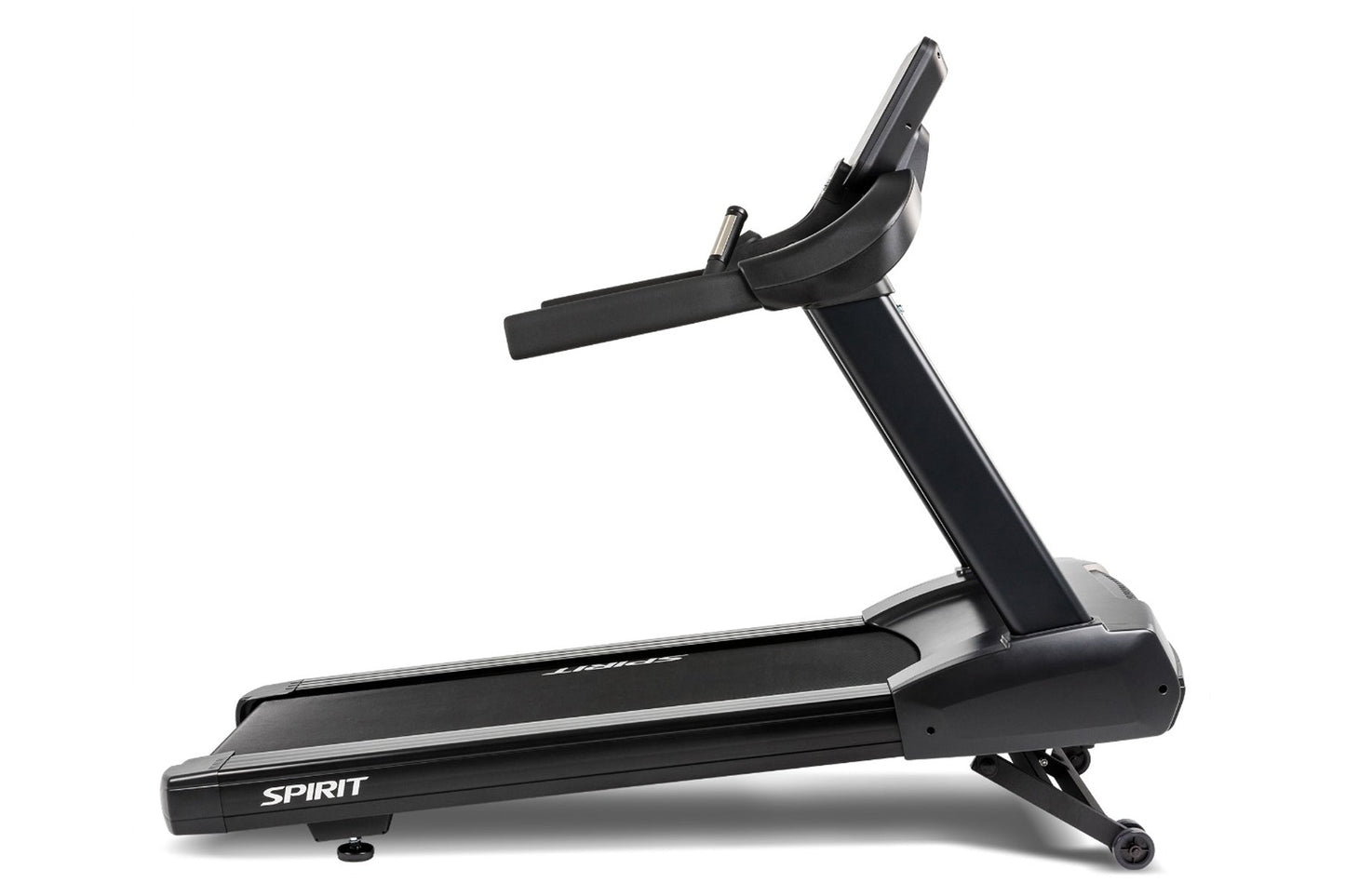 Black Spirit CT850ENT treadmill with digital display console and cushioned running deck, shown on white background