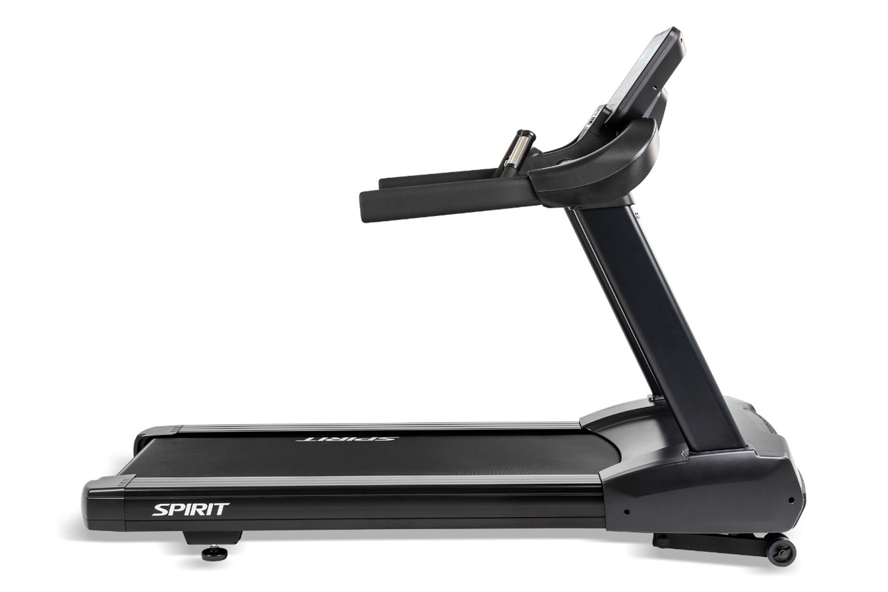 Black Spirit CT850ENT treadmill with digital console, black foam handlebar, and wide running belt on white background
