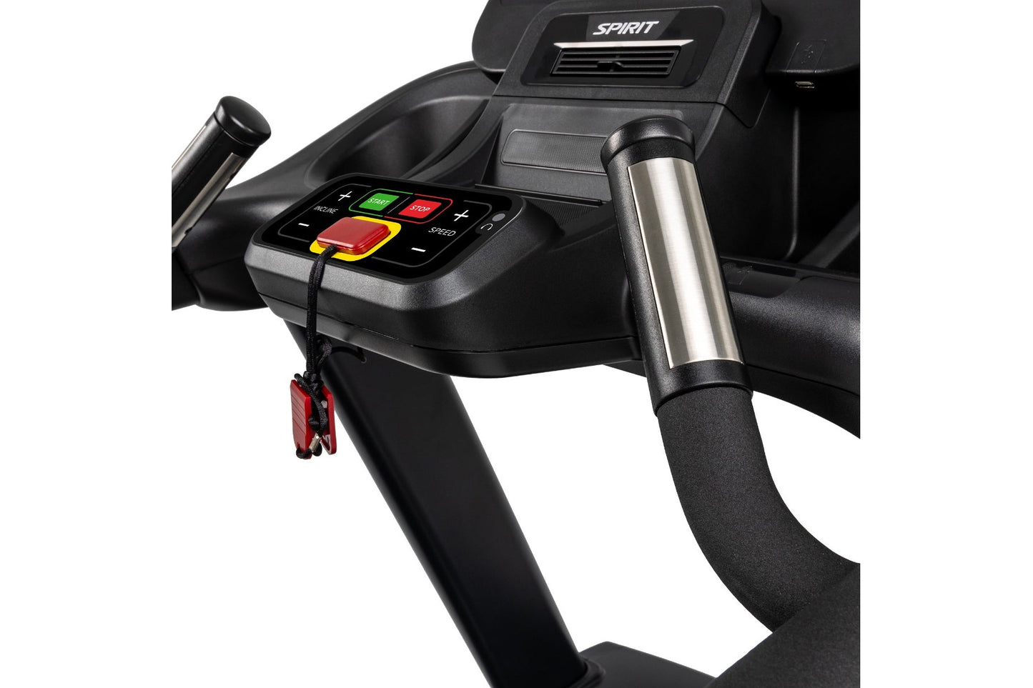 Spirit CT850ENT stationary treadmill with black frame, digital console with green and red buttons, chrome handrails, and emer