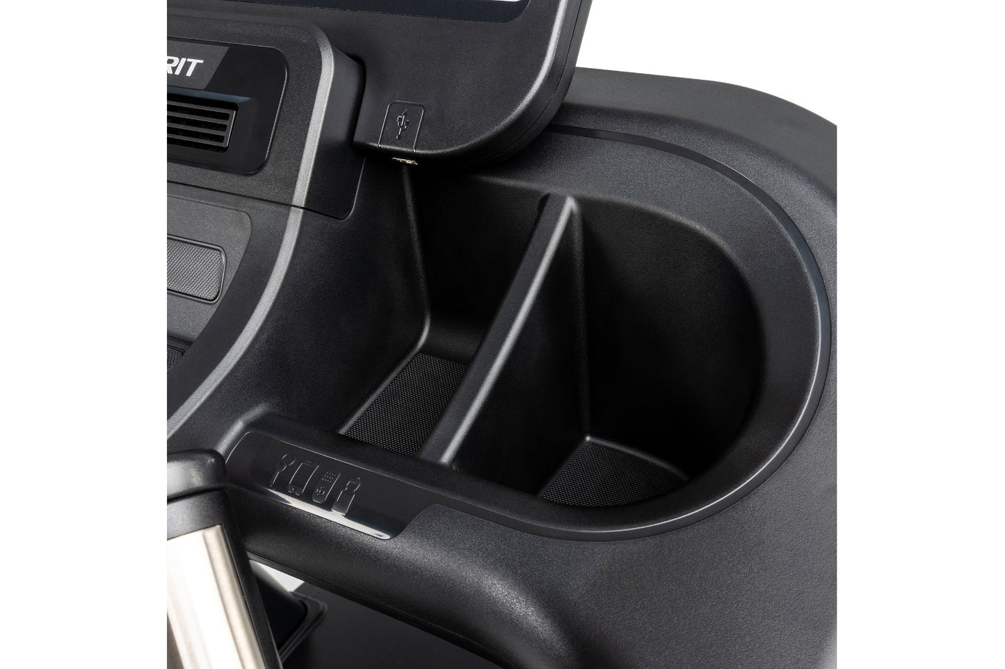 Black plastic cup holder with divider insert on treadmill console panel