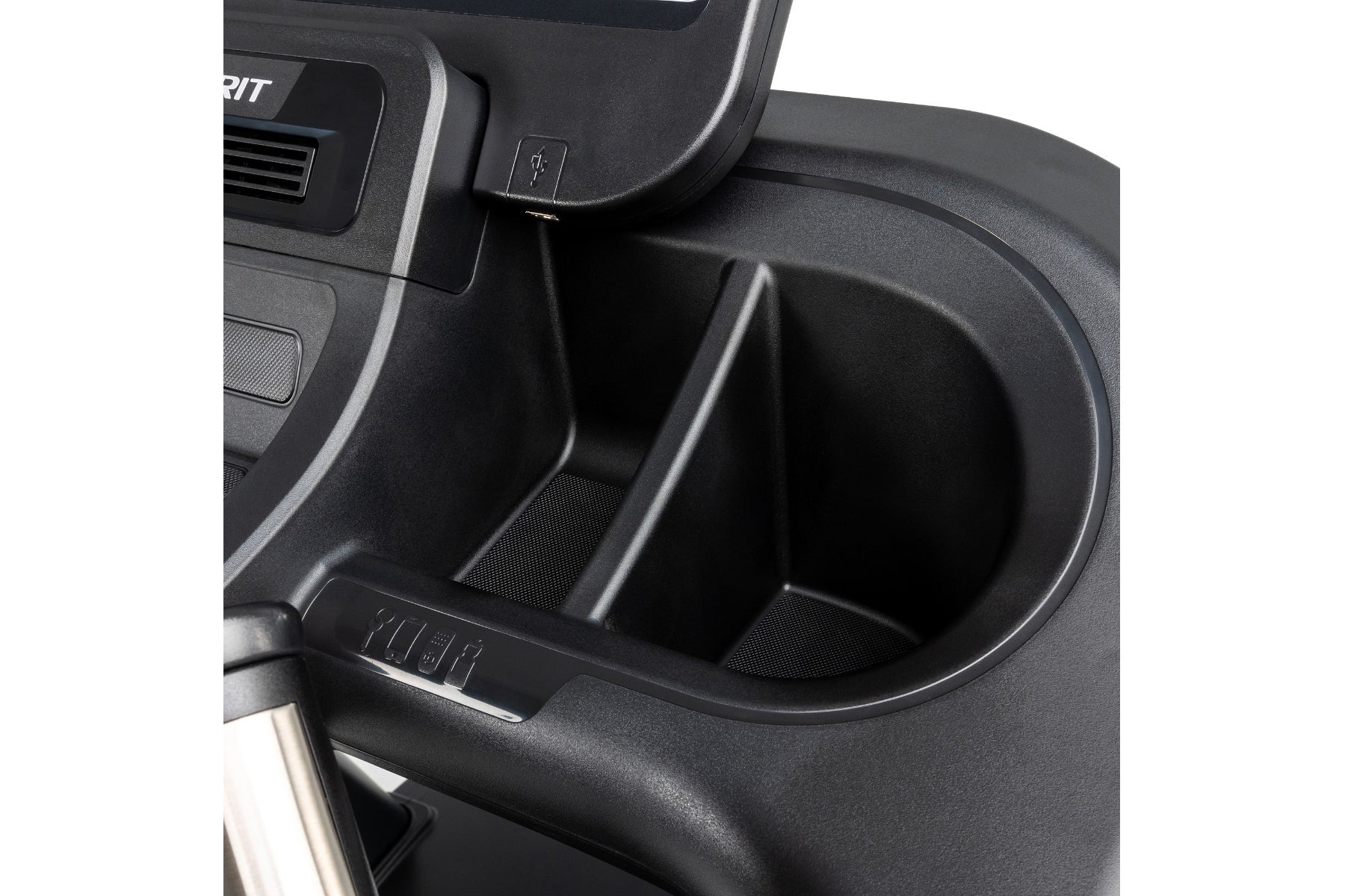 Black plastic cup holder with divider insert on treadmill console panel