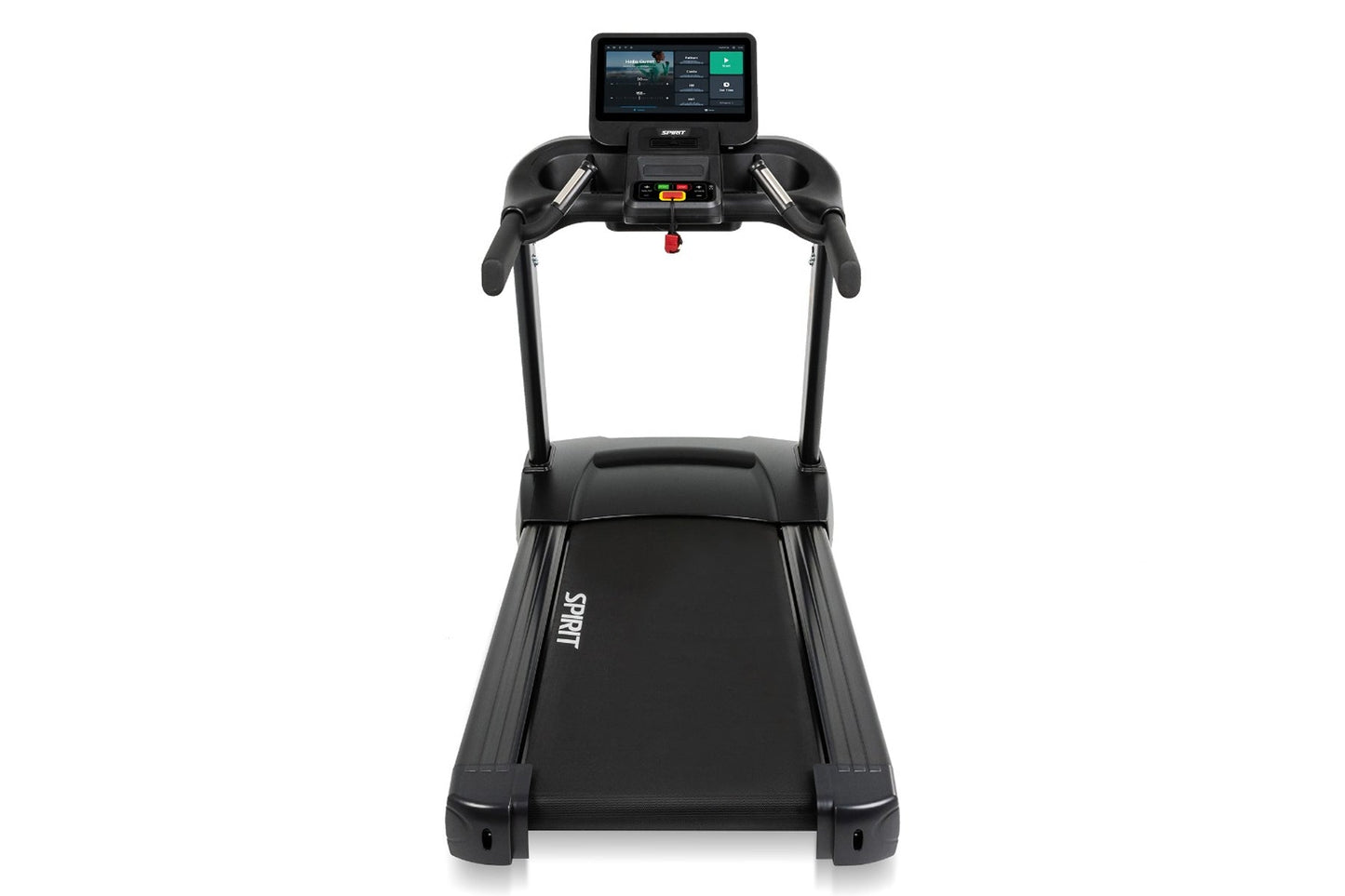 Spirit CT850ENT black treadmill with digital touchscreen console, dual handles, and cushioned running deck on white backgroun