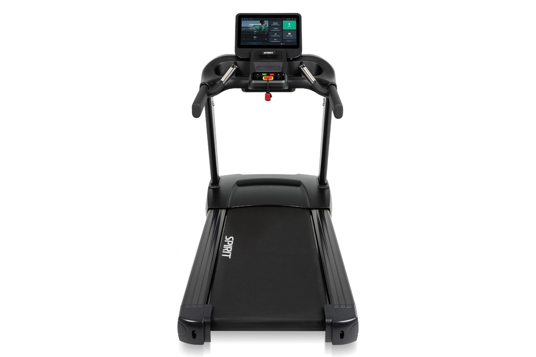 Spirit CT850ENT black treadmill with digital touchscreen console, dual handles, and cushioned running deck on white backgroun