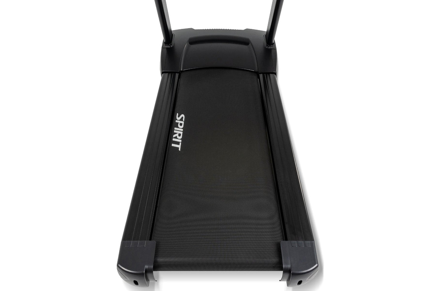 Black Spirit CT850ENT treadmill with dual handrails and textured running belt on white background
