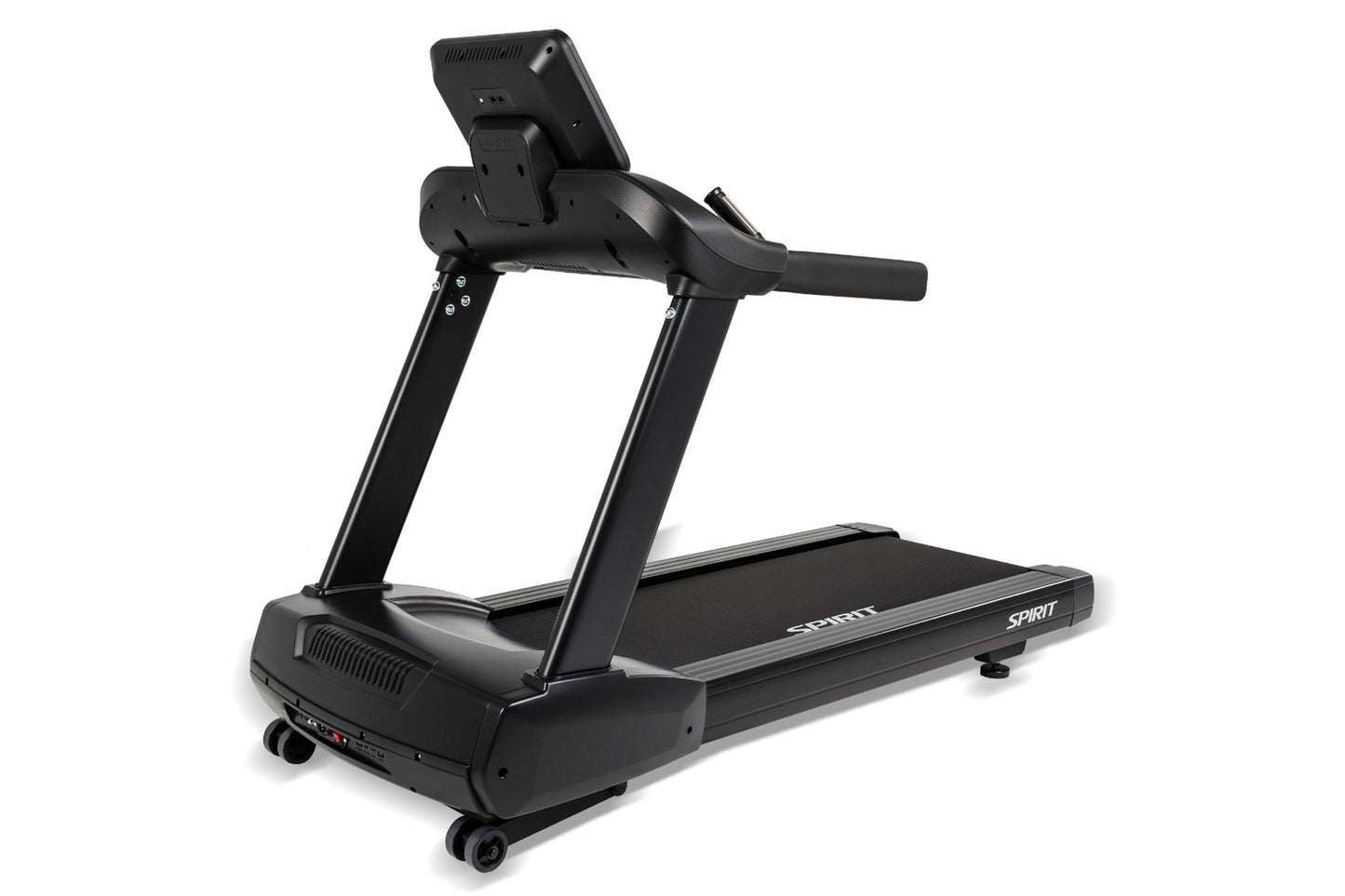 Black Spirit commercial treadmill with wide running deck, dual uprights, tablet holder, and digital display console on white 