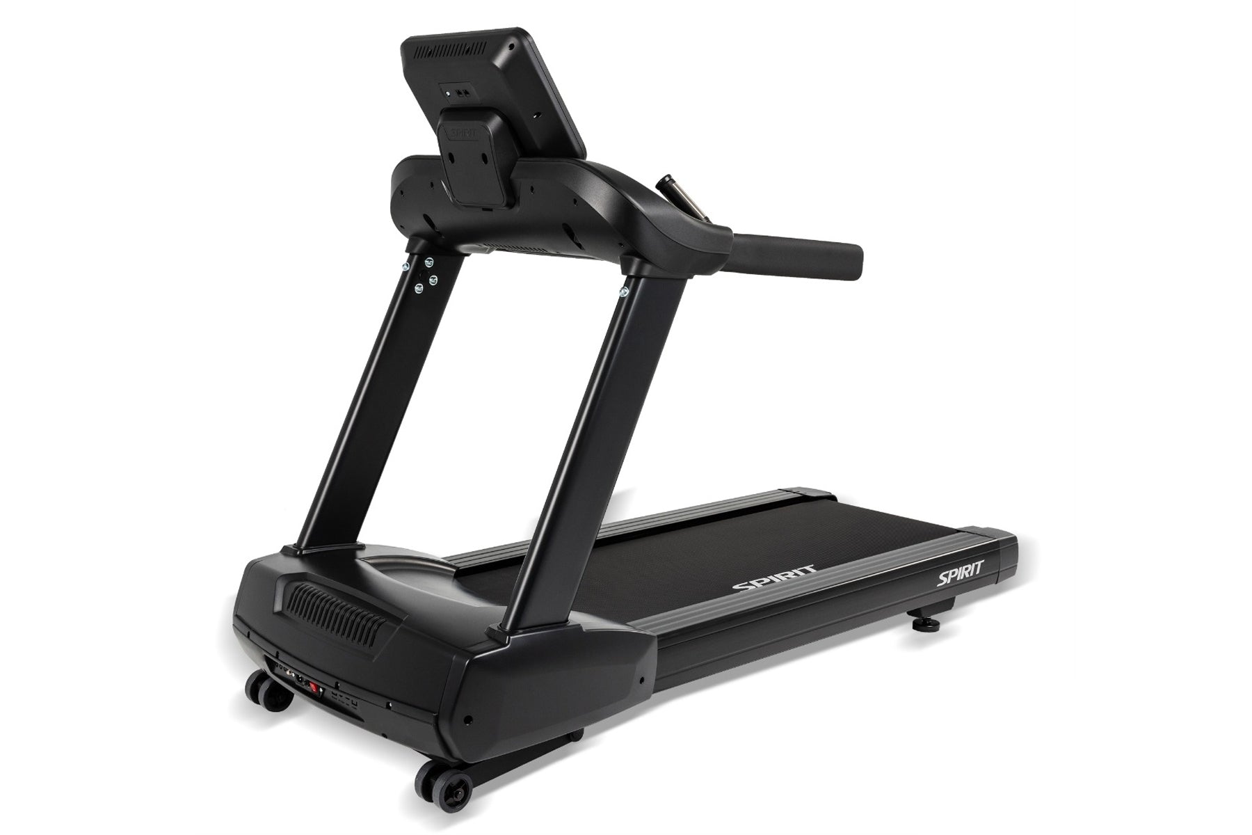 Black Spirit commercial treadmill with wide running deck, dual uprights, tablet holder, and digital display console on white 