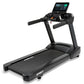 Black Spirit treadmill with digital console display, padded running deck, dual handlebar grips, and control buttons on white 