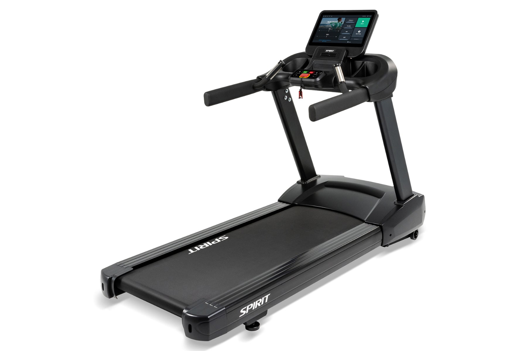 Black Spirit treadmill with digital console display, padded running deck, dual handlebar grips, and control buttons on white 
