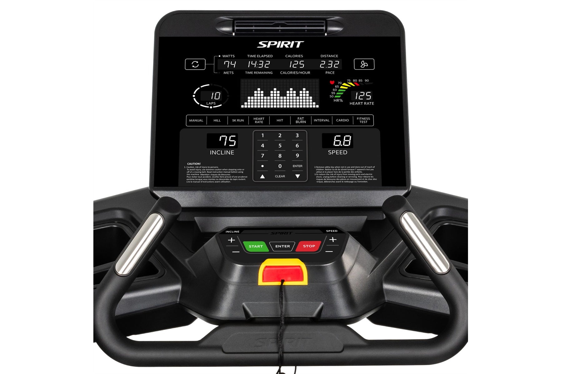 Spirit CT900 treadmill console displaying metrics including watts, heart rate, and speed, with black handrails and control bu