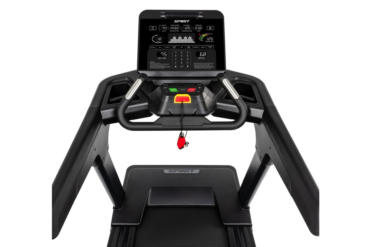 Spirit CT900 black treadmill with digital display console, dual handrails, and red safety key on white background