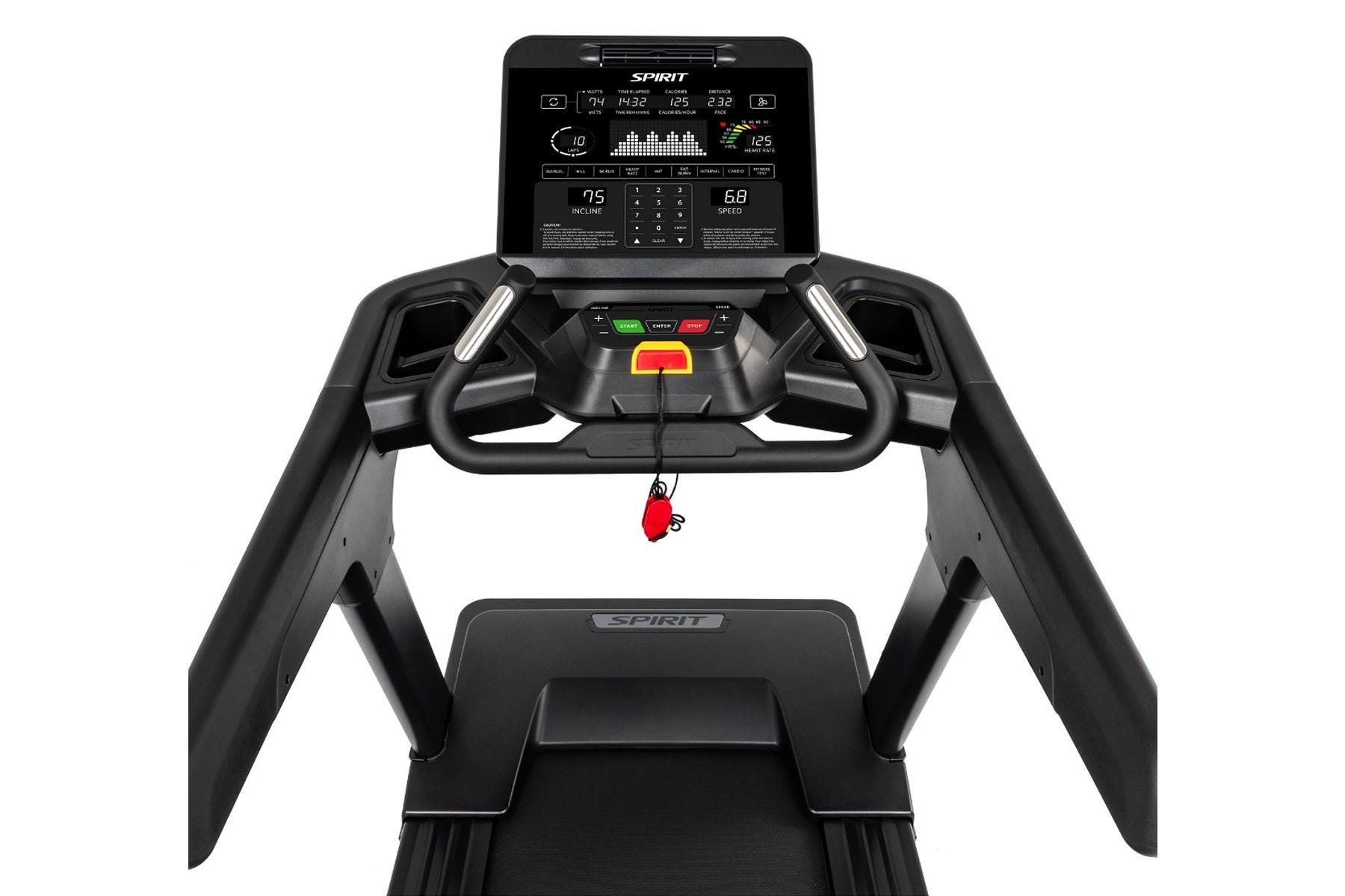 Spirit CT900 black treadmill with digital display console, dual handrails, and red safety key on white background