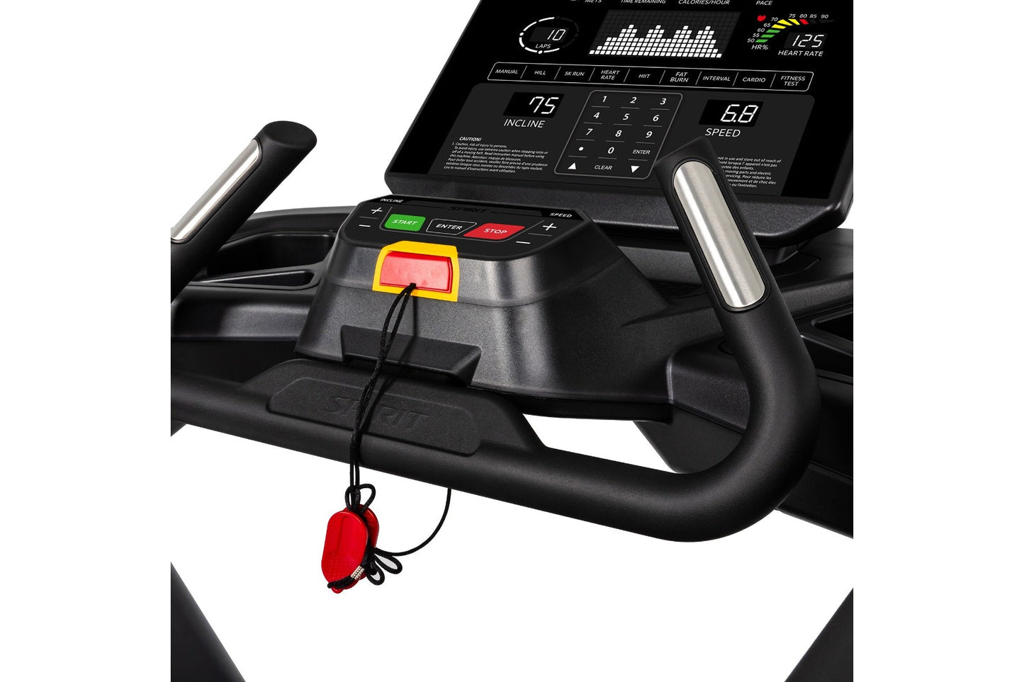 Black and silver Spirit CT900 treadmill with digital console showing incline and speed controls, featuring emergency stop cli