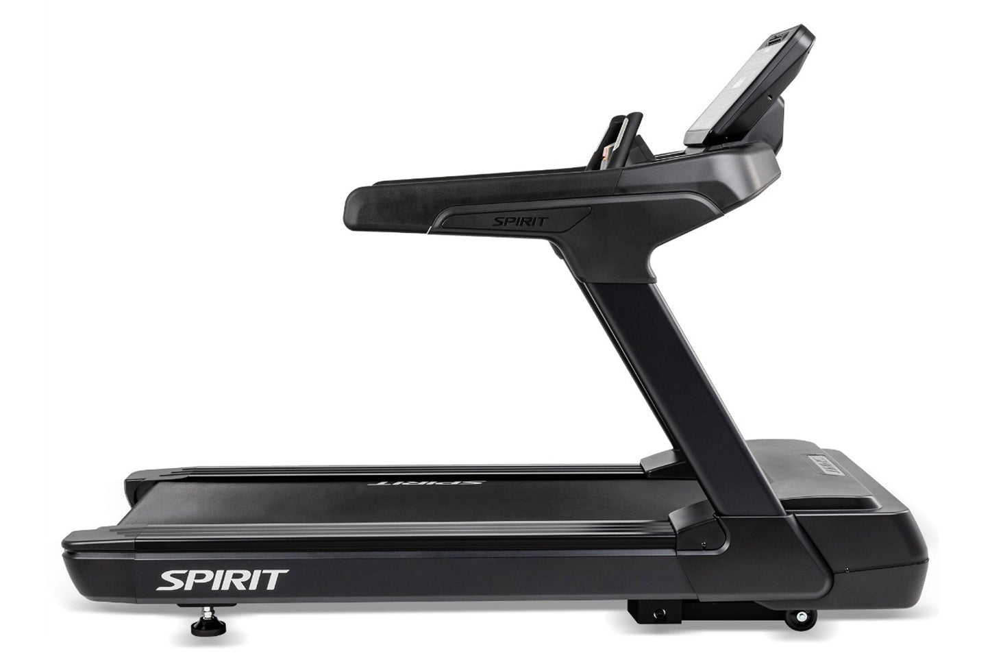 Black Spirit CT900 commercial treadmill with digital console and stationary handles on white background