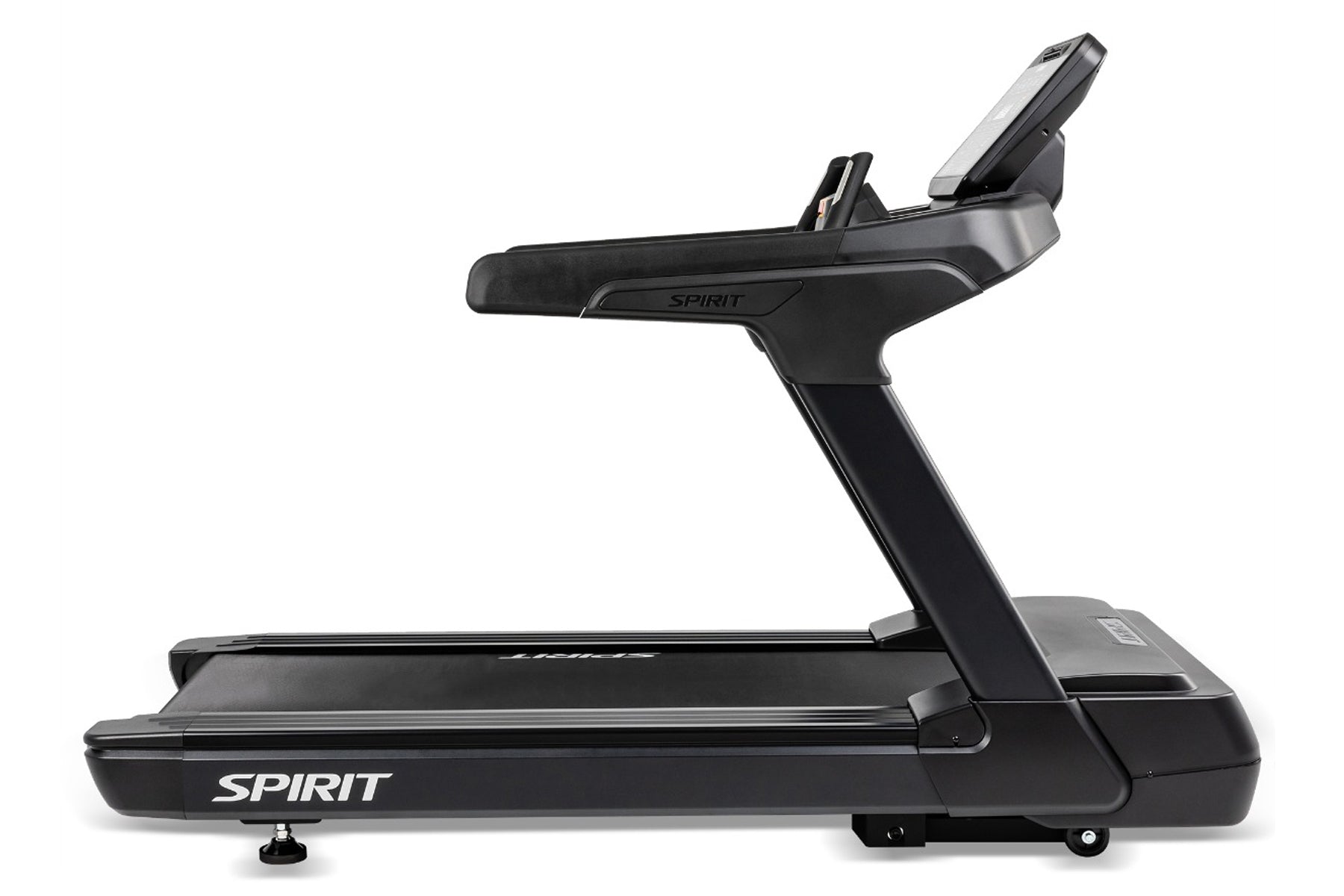 Black Spirit CT900 commercial treadmill with digital console and stationary handles on white background