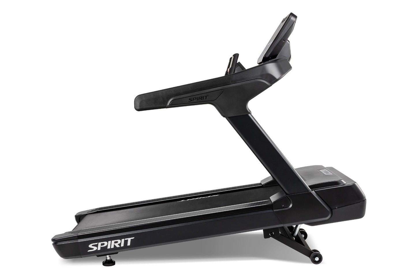 Spirit CT900 black treadmill with elevated console and handrails on white background