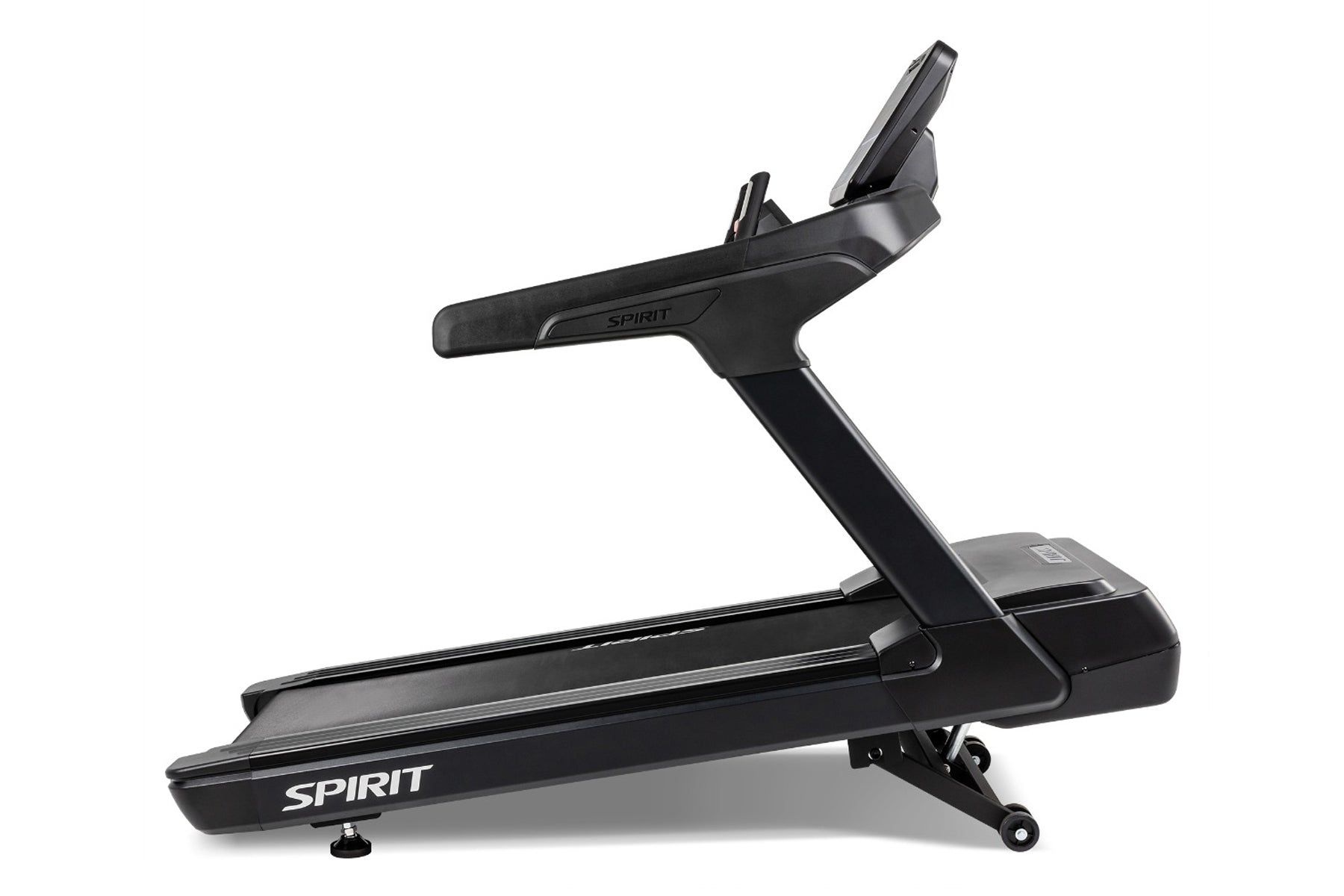 Spirit CT900 black treadmill with elevated console and handrails on white background