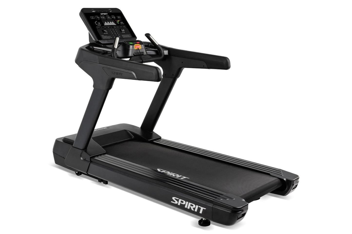 Black Spirit CT900 commercial treadmill with digital console, dual handrails, and running belt on white background