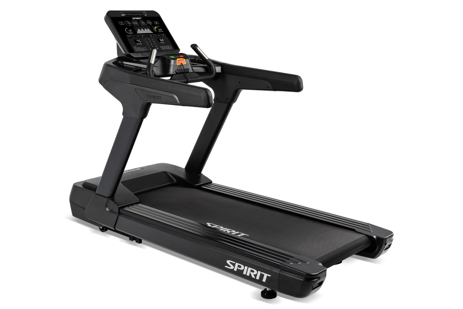 Black Spirit CT900 commercial treadmill with digital console, dual handrails, and running belt on white background