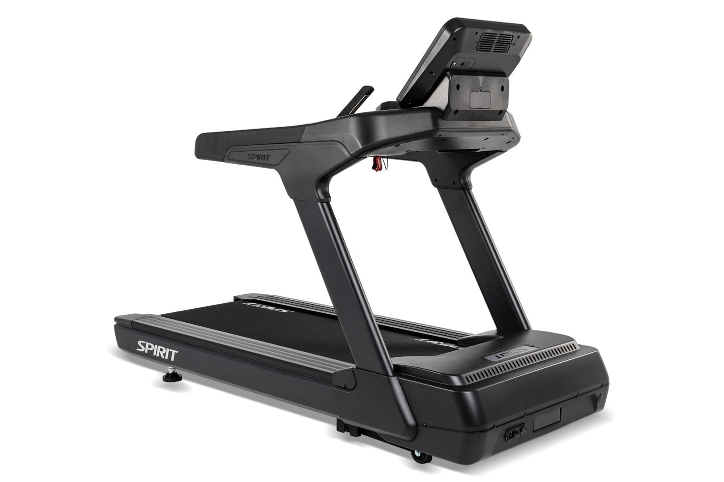 Spirit CT900 black motorized treadmill with digital display console and handrails on white background