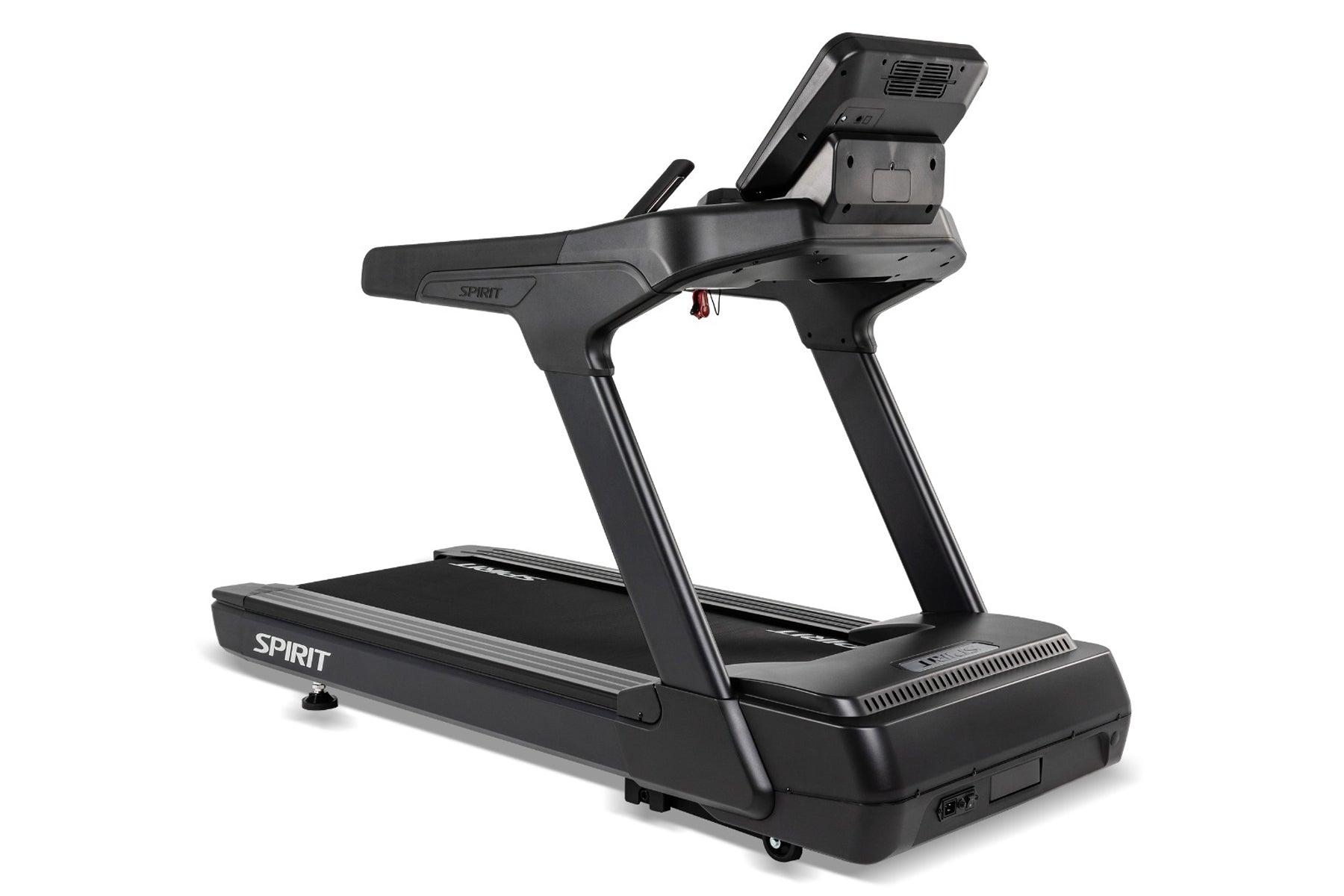 Spirit CT900 black motorized treadmill with digital display console and handrails on white background