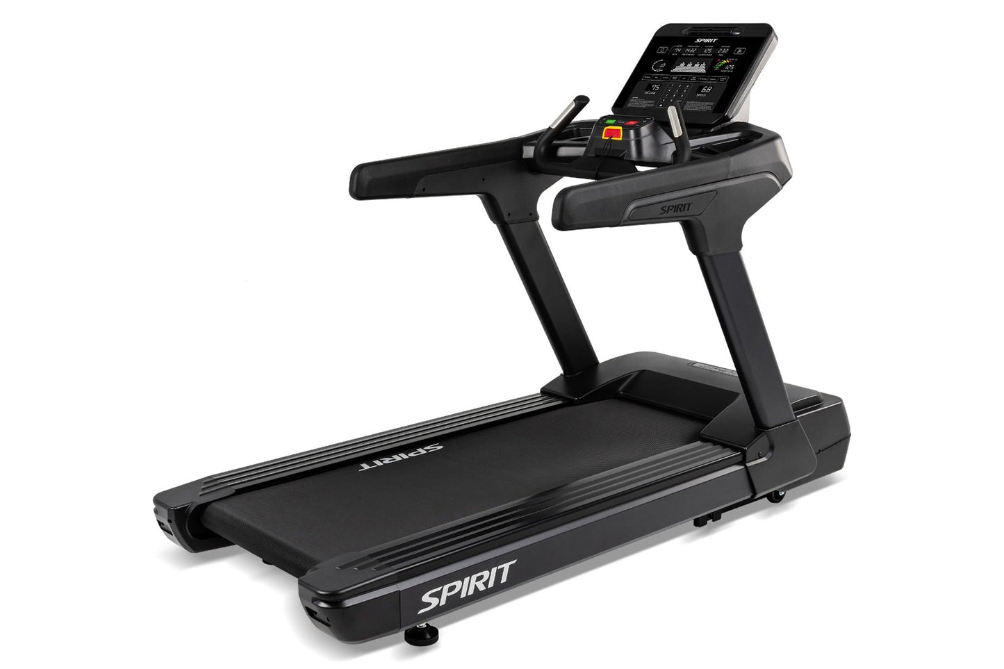 Spirit CT900 black commercial treadmill with digital touchscreen console on white background