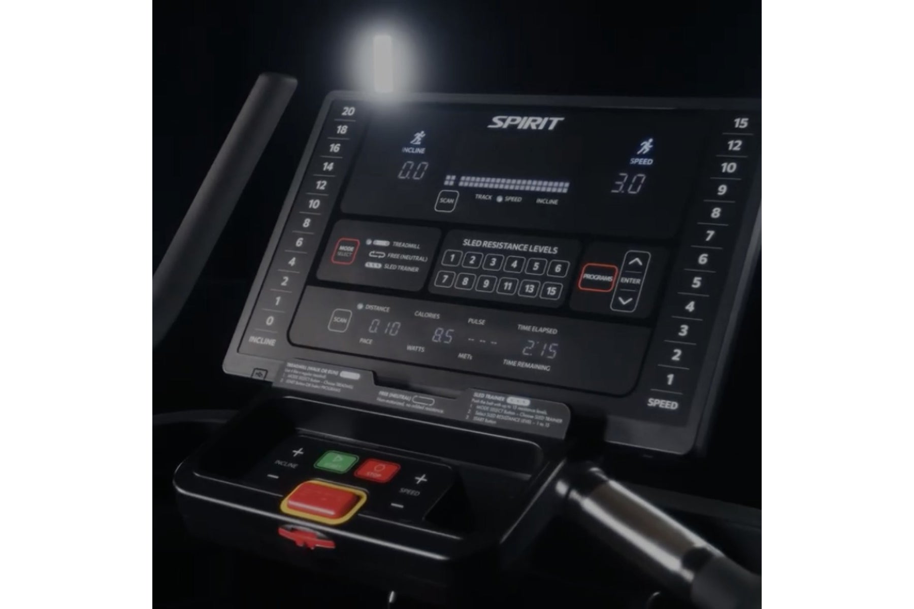 Spirit CTSBS900 Slat Belt Sled Treadmill console displaying digital readouts, resistance levels, and control buttons on black