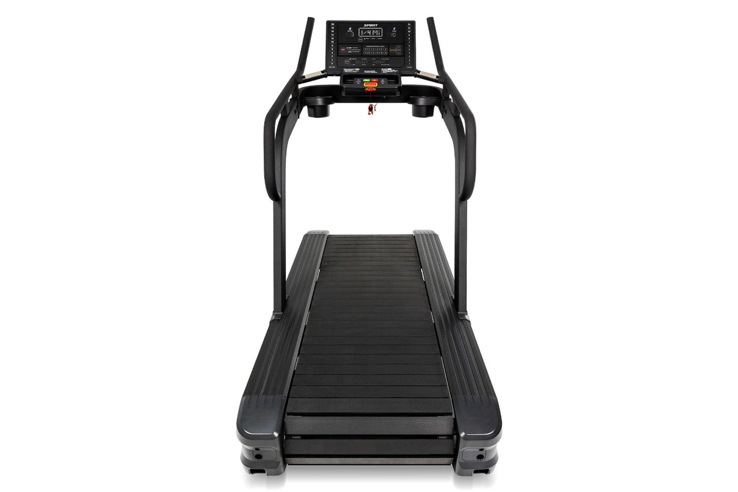 Black commercial treadmill with digital console display, wide slatted belt, dual handrails, and sturdy frame on white backgro