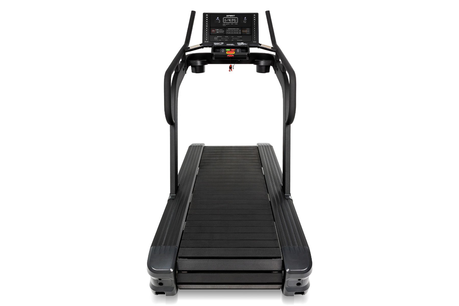 Black commercial treadmill with digital console display, wide slatted belt, dual handrails, and sturdy frame on white backgro