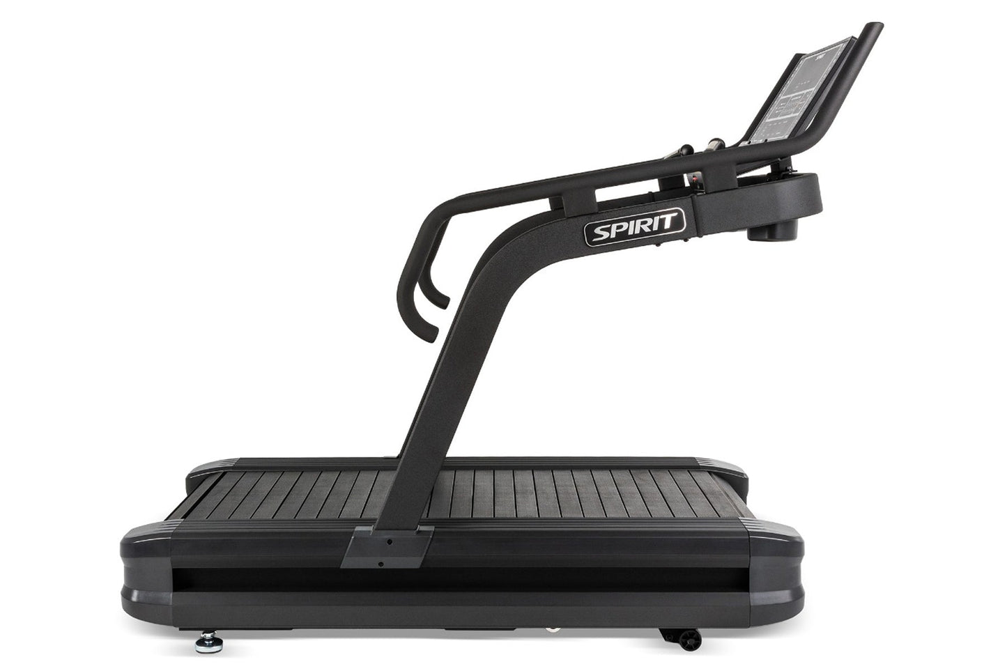 Spirit CTSBS900 black slat belt sled treadmill with digital display and handlebar, on white background