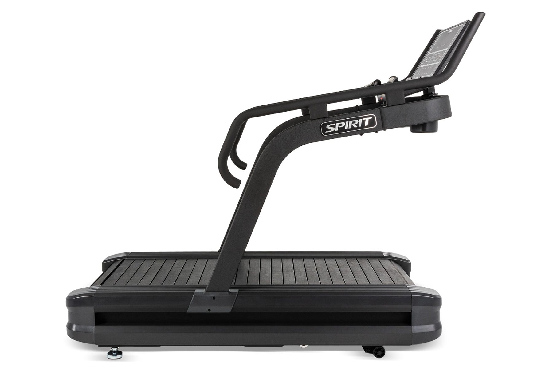 Spirit CTSBS900 black slat belt sled treadmill with digital display and handlebar, on white background
