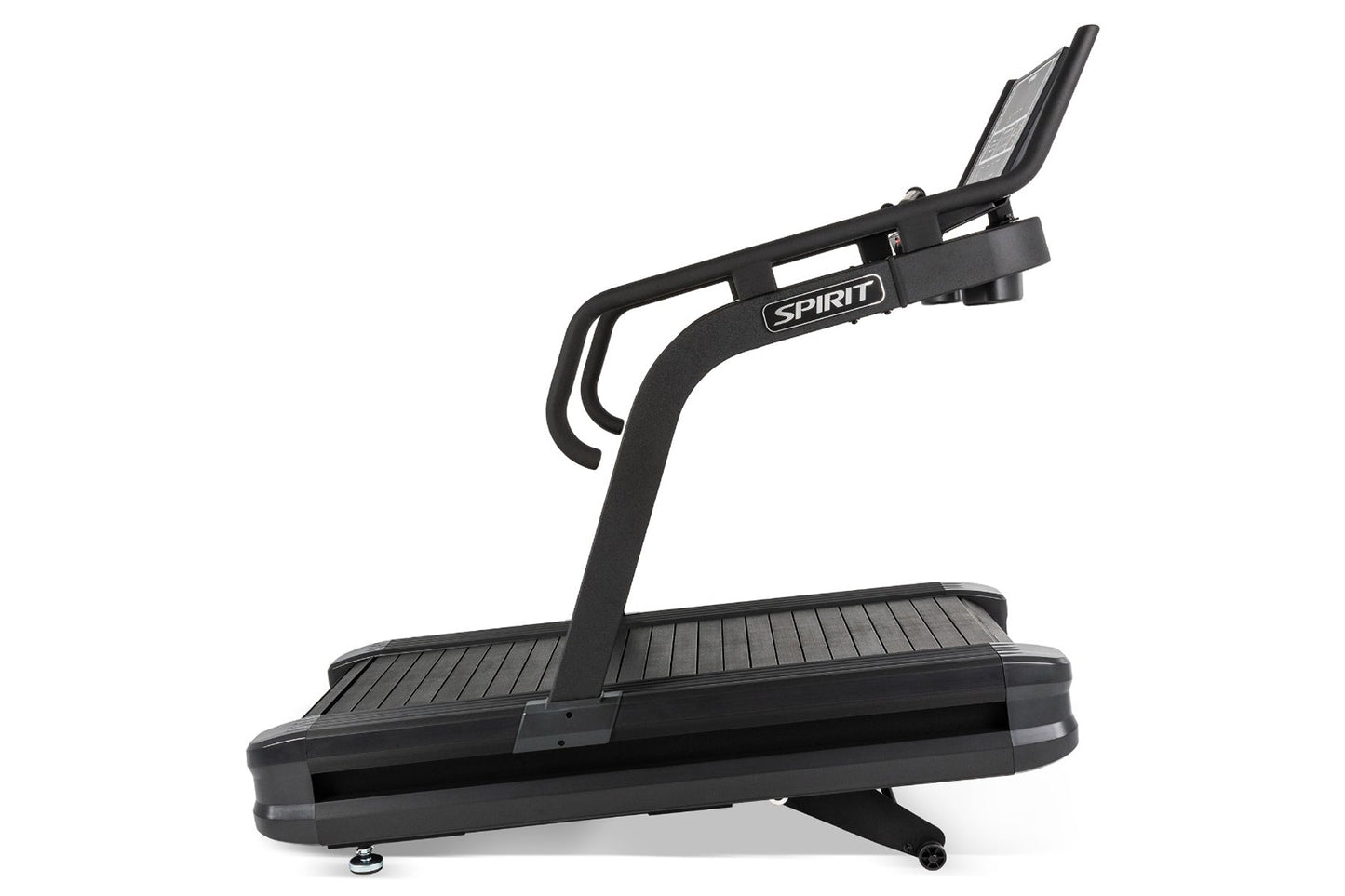 Spirit CTSBS900 black curved treadmill with slat belt, angled console, and dual handles on white background