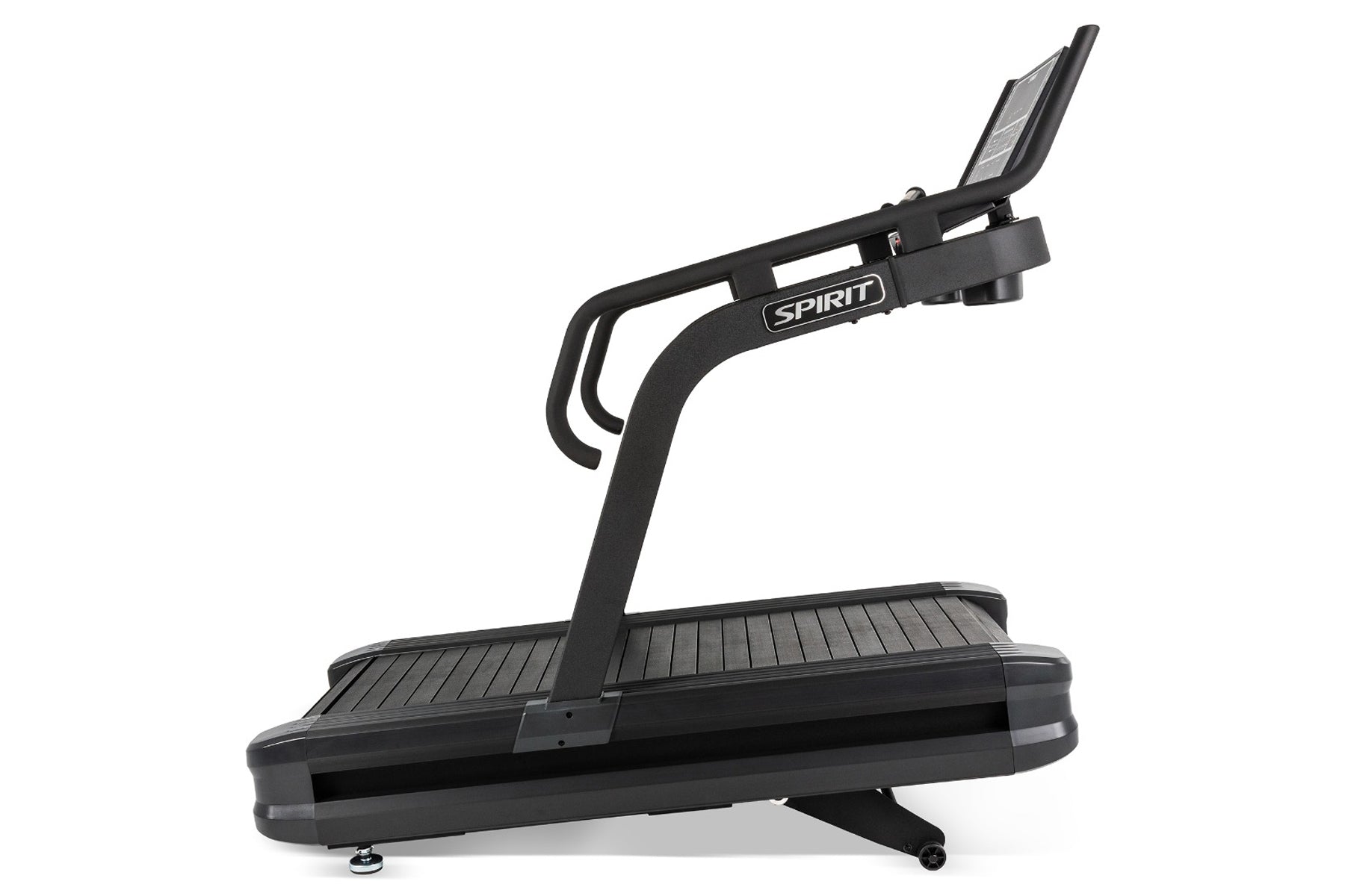 Spirit CTSBS900 black curved treadmill with slat belt, angled console, and dual handles on white background