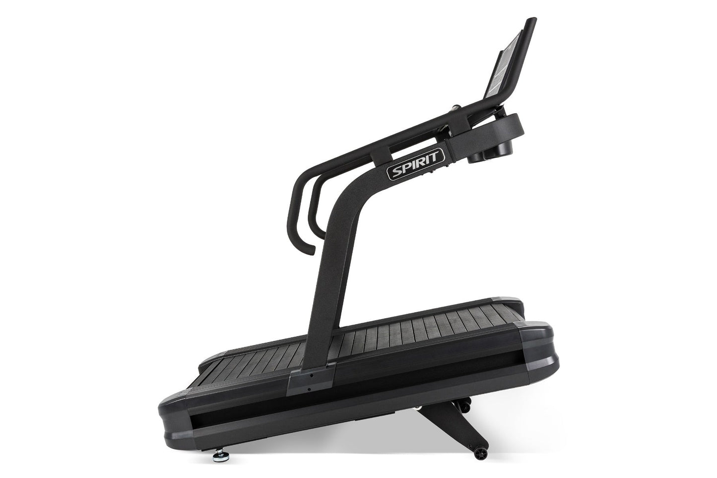 Spirit CTSBS900 black sled treadmill with curved belt, angled handlebar, and digital display on white background