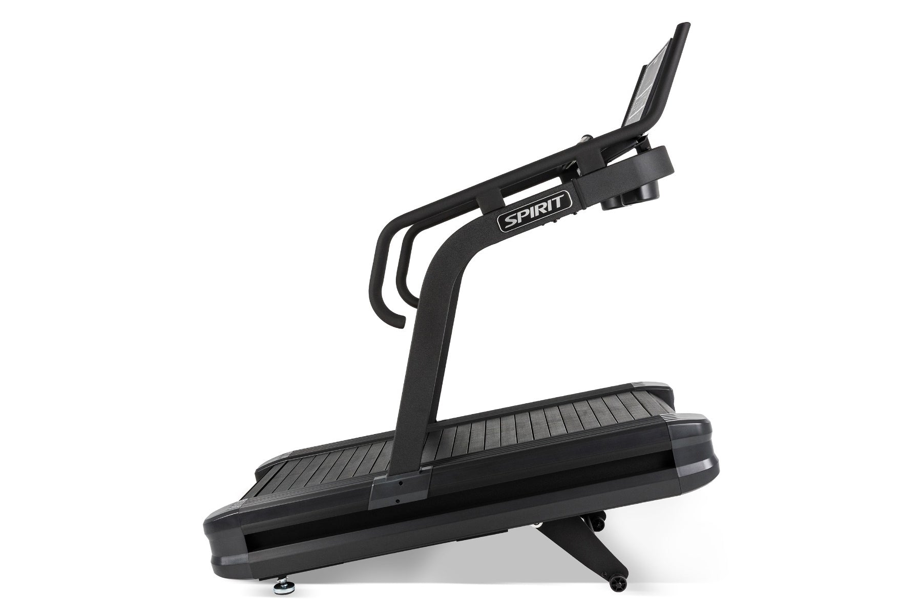 Spirit CTSBS900 black sled treadmill with curved belt, angled handlebar, and digital display on white background