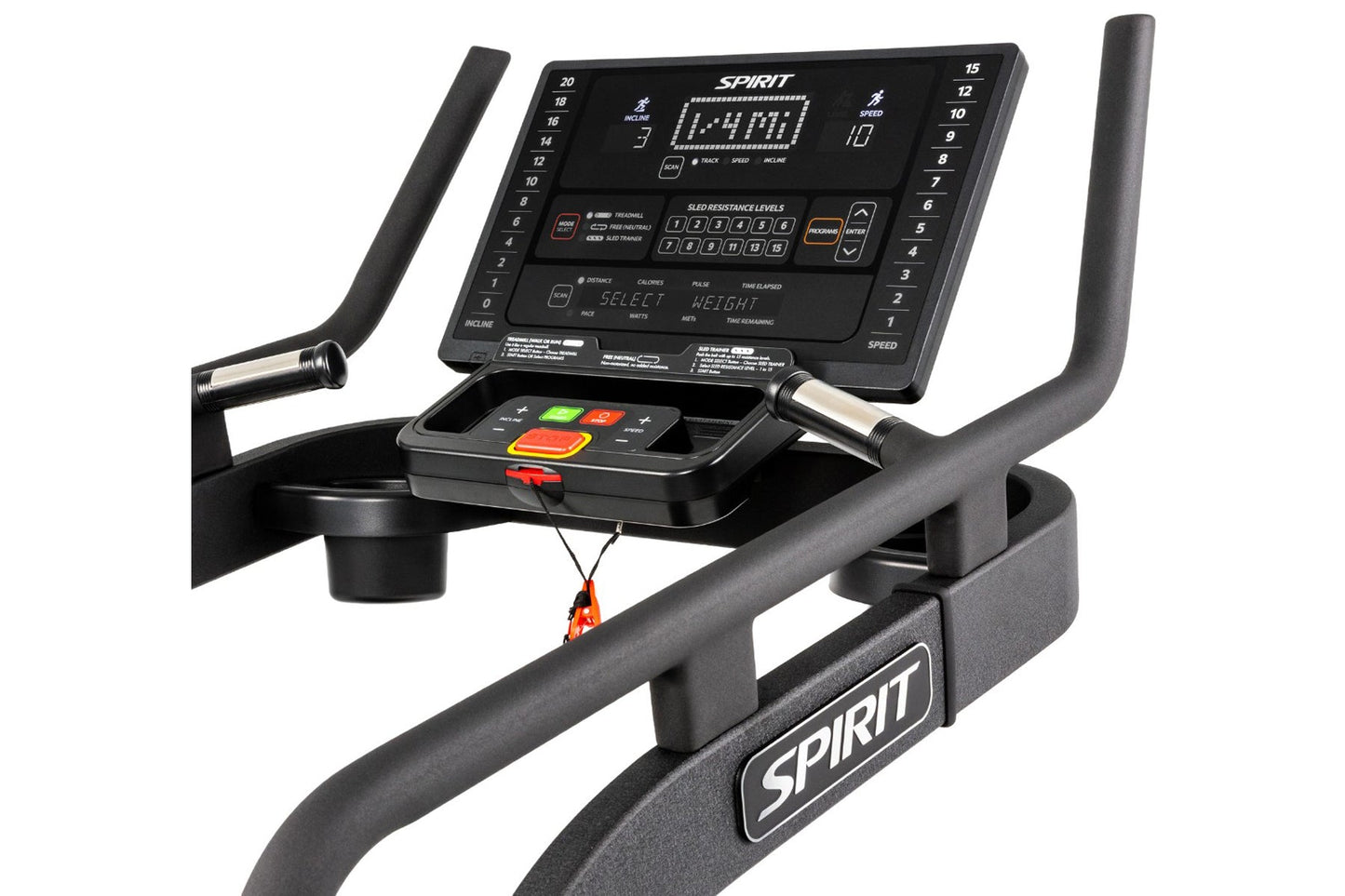 Spirit CTSBS900 slat belt sled treadmill with black frame, digital console displaying workout metrics, dual handle bars, and 