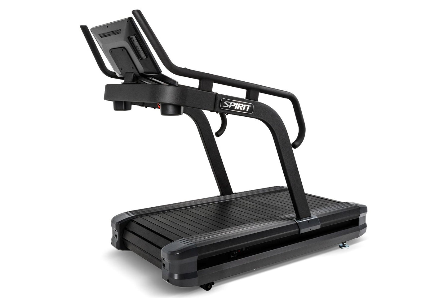 Spirit CTSBS900 black sled treadmill with digital display console, curved handles, and textured running surface on white back