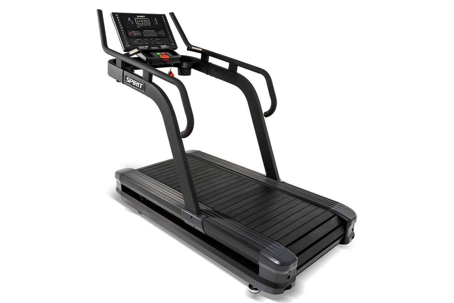 Spirit CTSBS900 black sled treadmill with digital console, handlebar grips, and slat belt deck on white background